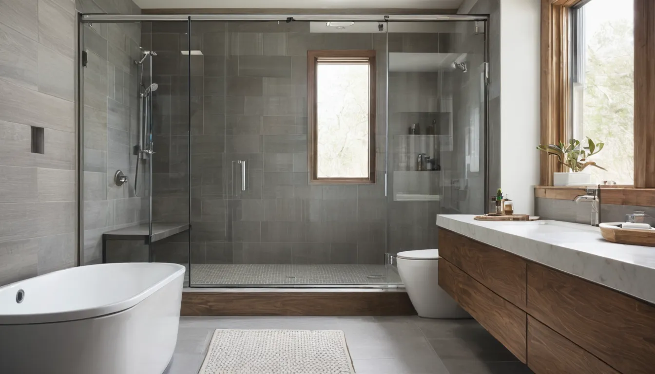 Bright bathroom in the Kirkland area with a new low-threshold walk-in shower, bench and grab bar